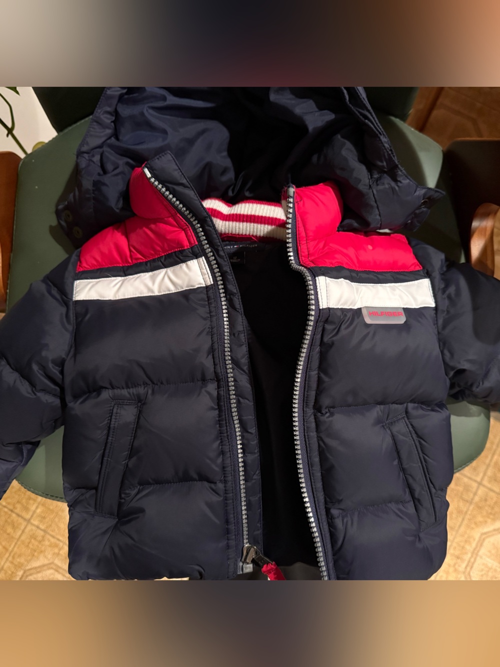 Tommy Hilfiger Navy and Red Kids Puffer Jacket with White Trim